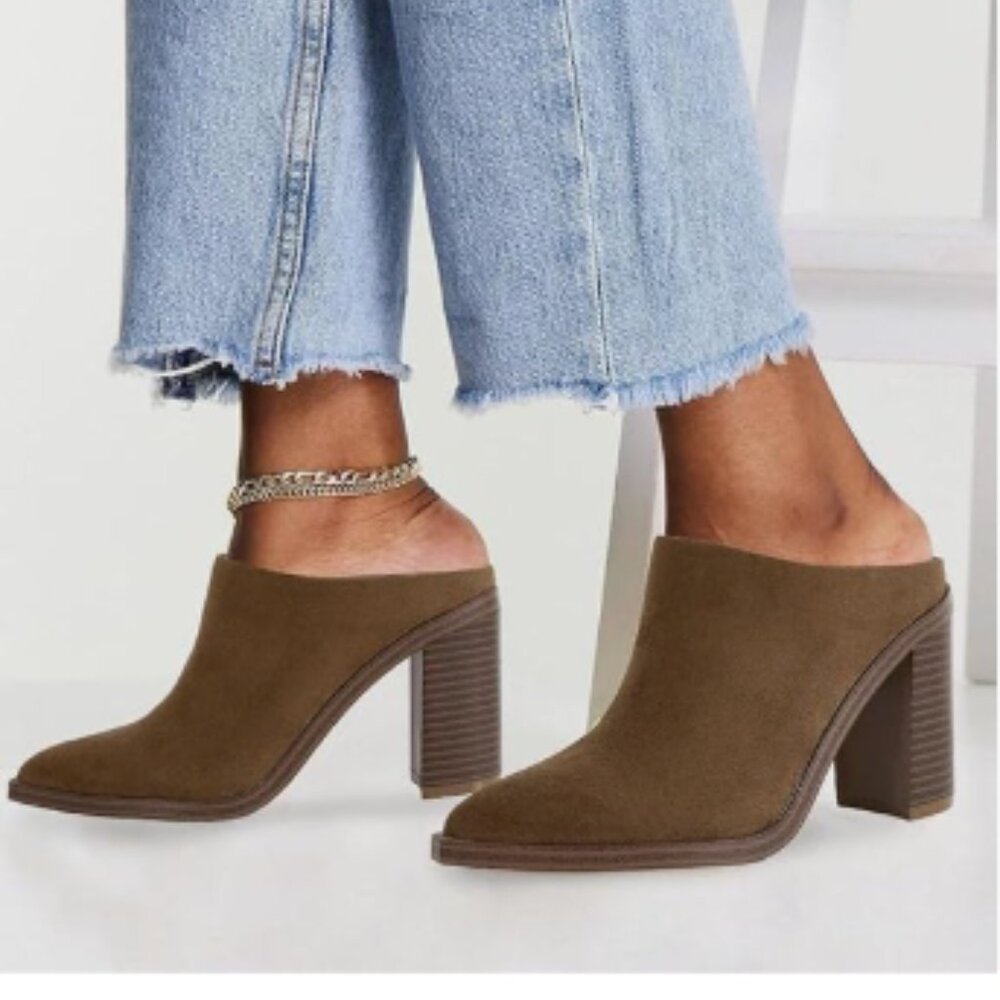 FOWT Tan Pointed Toe Slip On Mules Stacked Block High Heel Sandal Proms Shoes